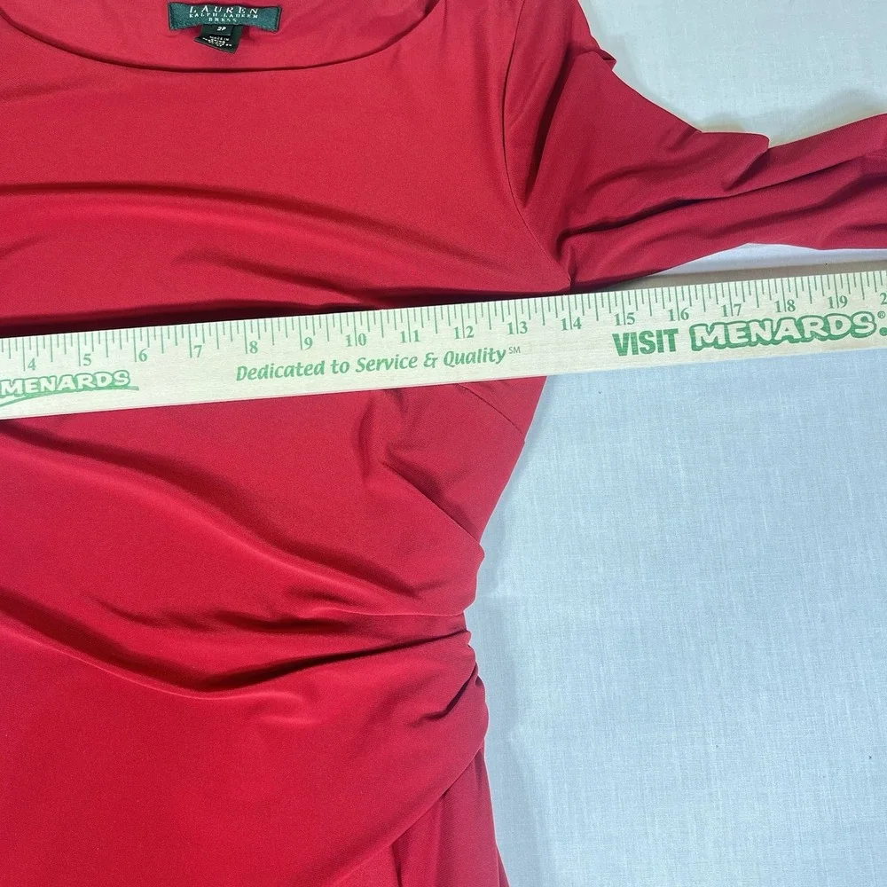 Lauren Ralph Lauren Dress Womens 2P Red Ruched Ruffle Sheath Midi 3/4 Sleeve